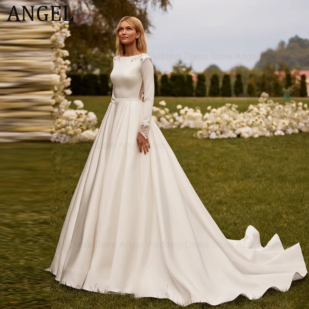 

ANGEL Soft Satin Wedding Dress Long Sleeve A-Line Bridal Party Scoop-Neck Robe De Mariée Illusion Sequin Backless Bride Gown