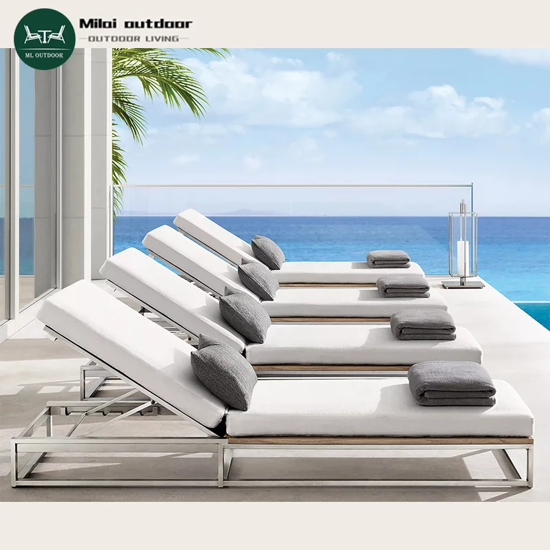 

Factory Hot Selling Outdoor Swimming Pool Teak Lounge Chairs Beach Sunbeds Hotel Terrace Leisure Wood Sofa Beds