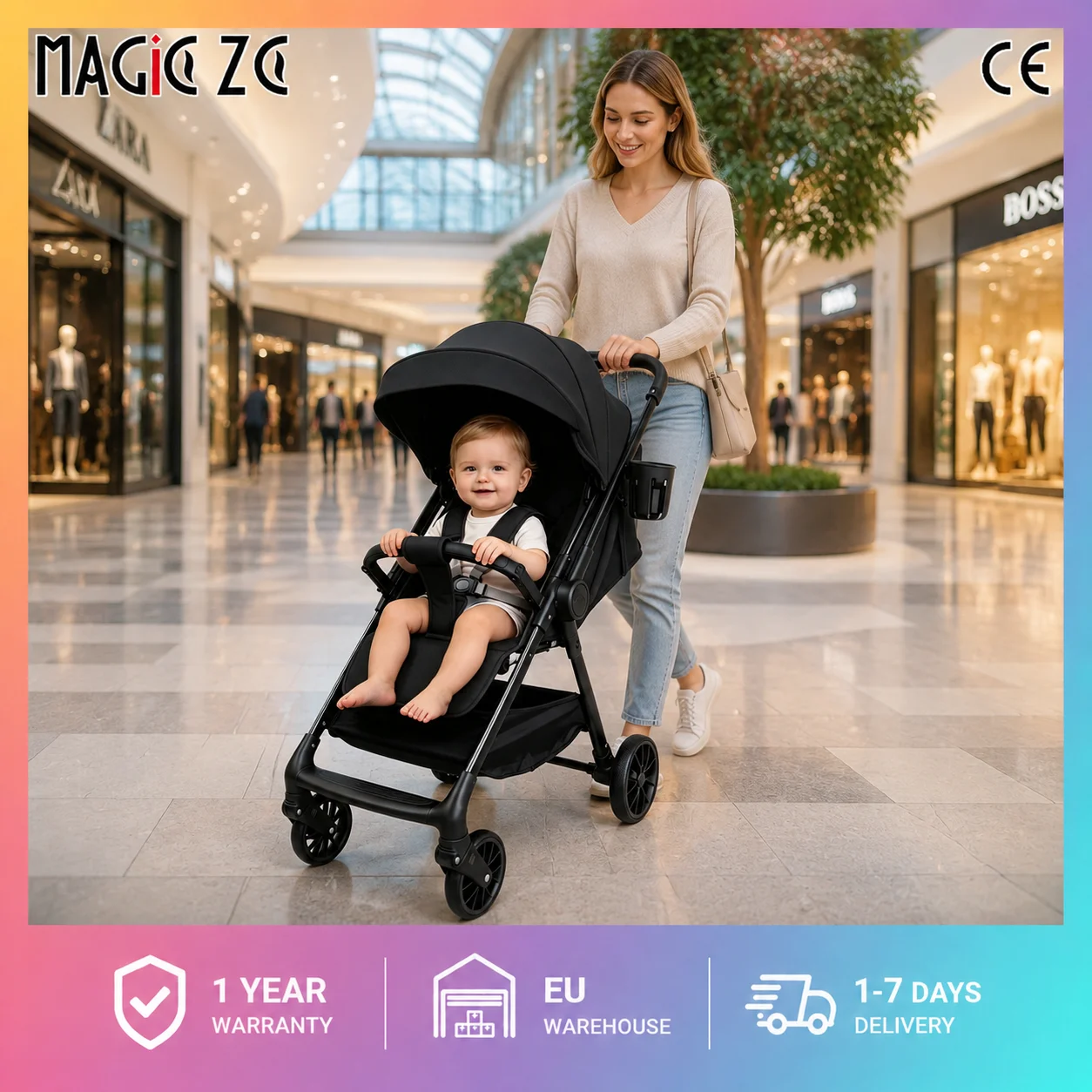 Poussette bébé robuste en acier au carbone avec roues universelles à absorption des chocs à 360 degrés, chariot portable convertible (position assise et couchée), landau pour nourrisson, pliage à une main, poussette légère pour tout-petit, porte-gobelet, panier de rangement