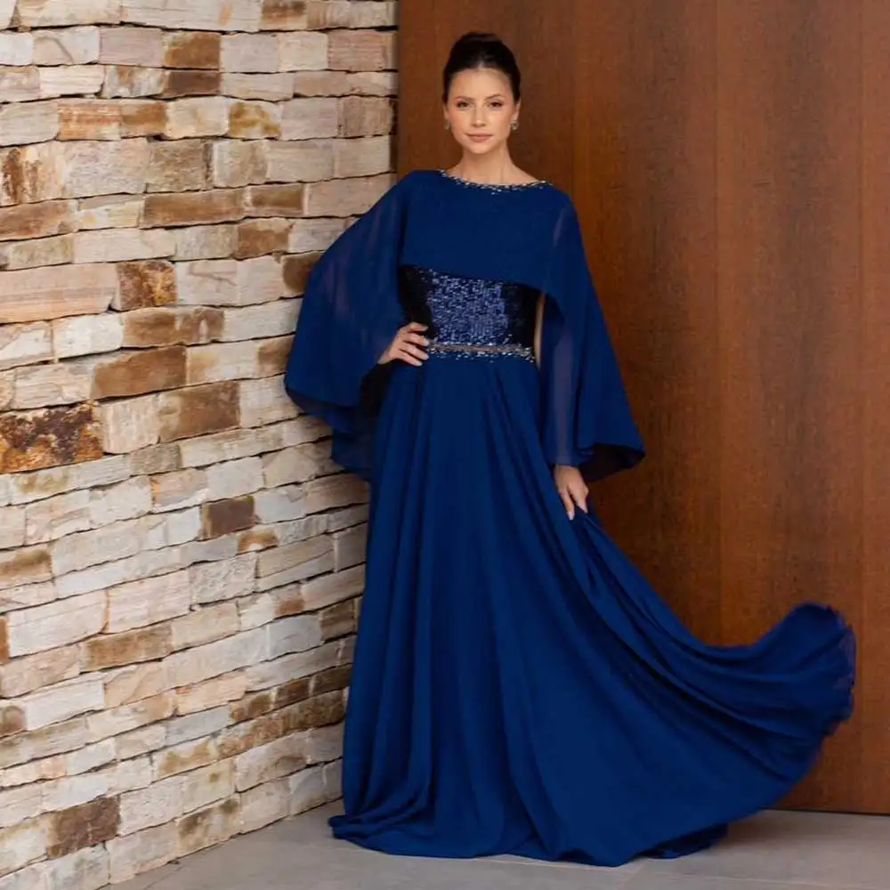 Exquisite A-Line Evening Dress Patchwork With Shawl Crystal Glitter Sequins Fashion Brush Train Saudi Arabian Women's Party Gown