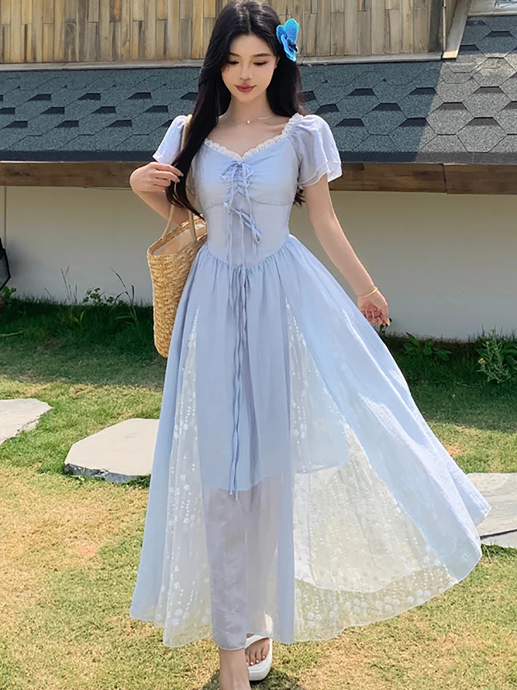 

Summer Purpled Patchwork Jacquard Long Dress Women Elegant Bow Lace Square Collar Dress 2025 Korean Fashion Bodycon Party Dress
