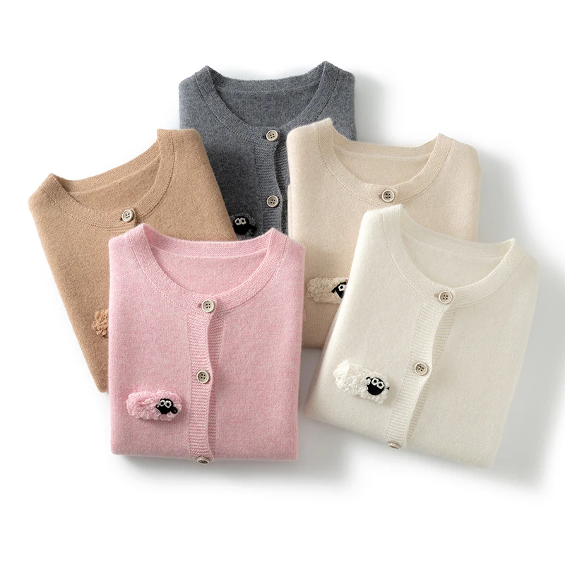 Women's Round Neck Cashmere Sweater Hand Embroidered Cartoon Thick Cardigan Vest Versatile Autumn Winter Fashion 100% Cashmere..