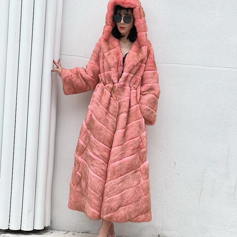 2023Women Real Rabbit Fur Coats With Natural Whole Skin Genuine Rabbit Fur Long Coat Hooded Winter New