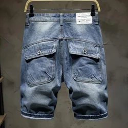 Straight Short Jeans Pants for Men Trend 2024 Y2k Thin Man Denim Shorts Wide Rude Korean Fashion Baggy Distressed Retro Designer