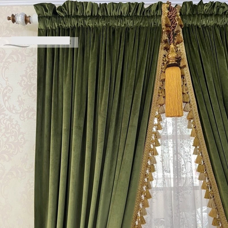 Thick olive green velvet rod pocket curtains vintage American blackout drape tassel