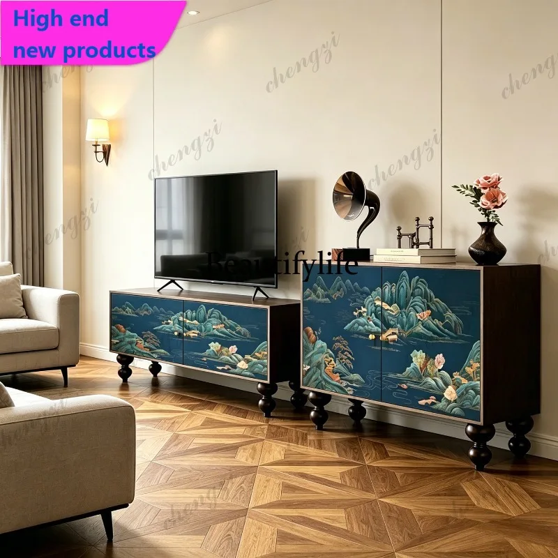 Medieval style, solid wood tall cabinet, household living room dining side, combined storage decorative lockerA68