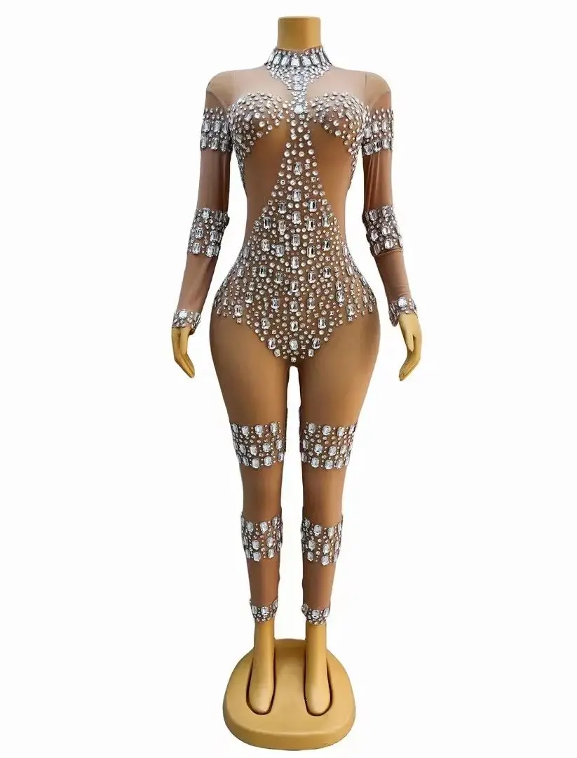 

Silver Big Rhinestones Transparent Sexy Jumpsuit Dance Performance Leggings Bodysuit Evening Birthday Celebrate Costume dunpai