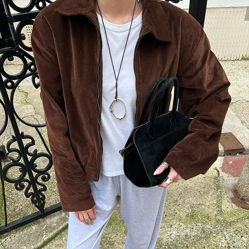 Retro Brown Lapel Jackets Women's Retro Lapel Zipper Long Sleeves Loose Coat Autumn Winter New Leisure Commuting Jacket