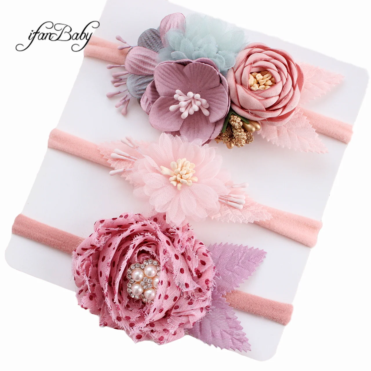 Stretch Kids Girl Burned Vintage Rose Flower Headband With Pearl Nylon Headband