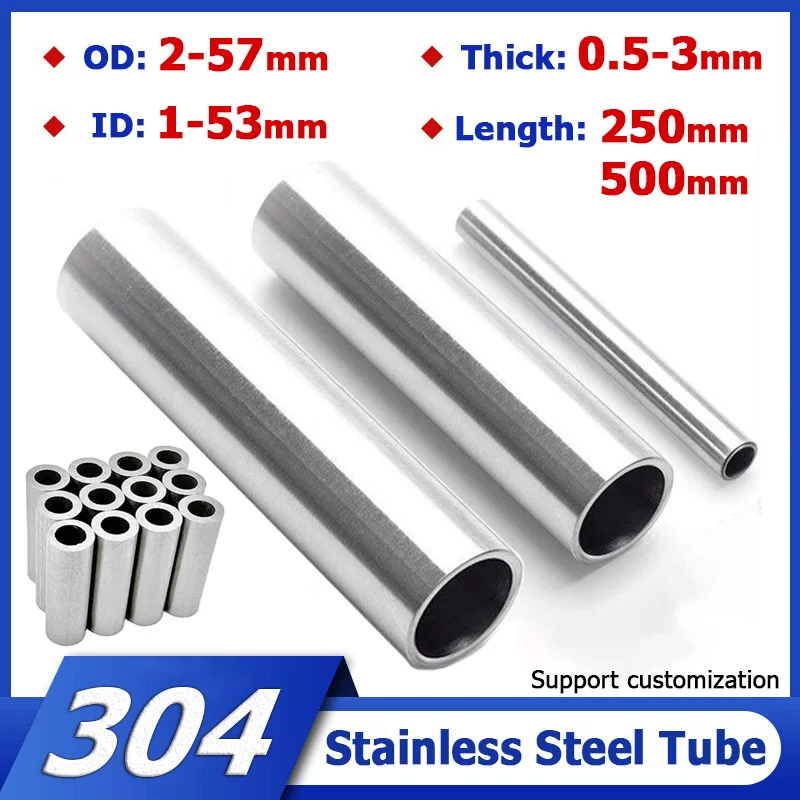 OD 2-57mm 304 Seamless Stainless Steel Capillary Tube Hollow Straight Tubing Length 250/500mm 3/4/5/6/7/8/9/10/11/13/14/15/16-51