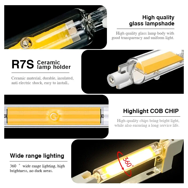 Bombilla de tubo LED COB de cristal R7S, lámpara de maíz de alta potencia J78 J118, reemplazo de lámpara halógena, 5W, 10W, 20W, 78MM, 118MM, 110V, 6 unidades por lote