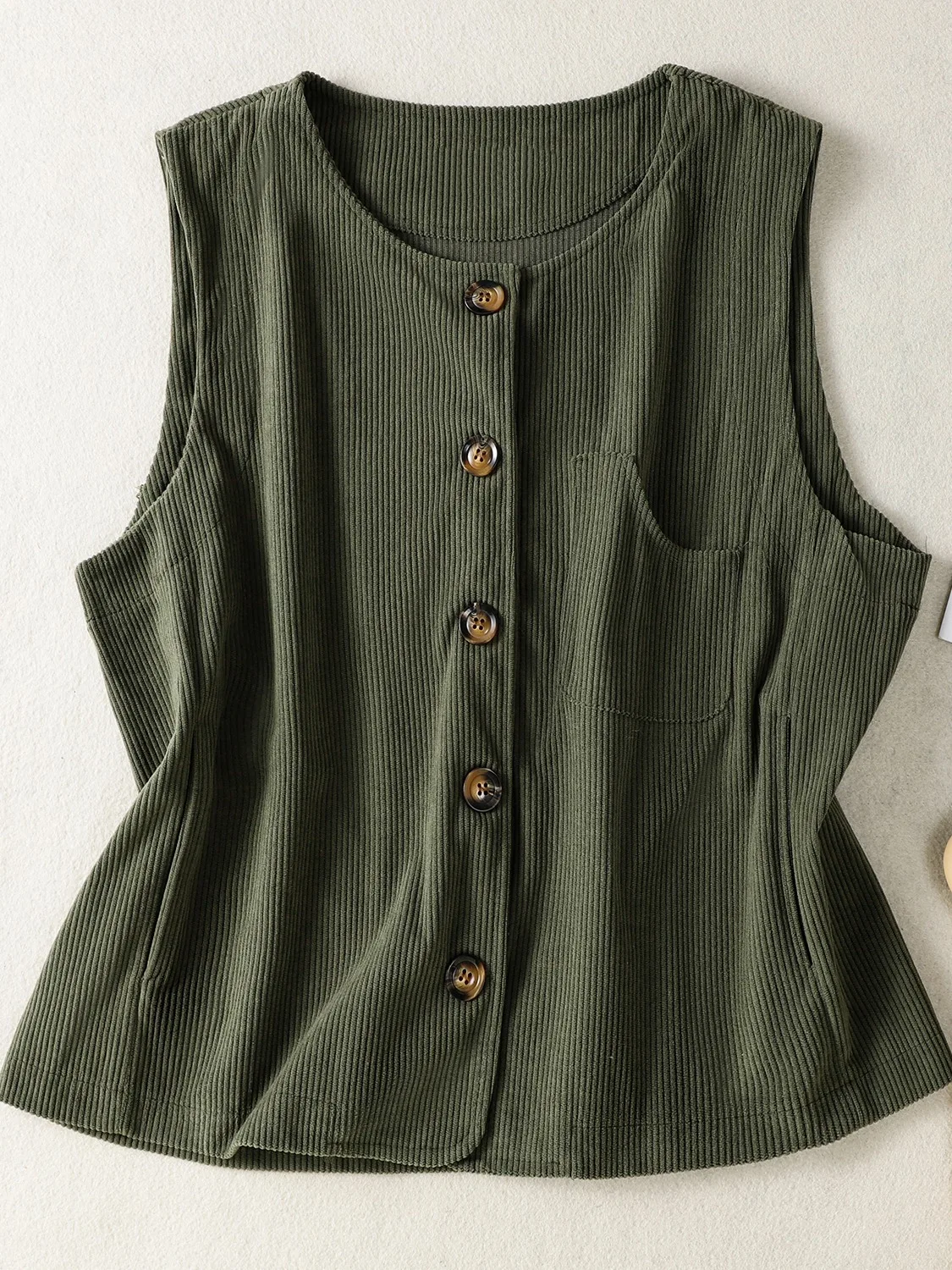 Retro Corduroy round Neck Vest Women's Spring Small Size Casual Sleeveless Shoulder Pad up Top Layered Clothing Cotton Blend