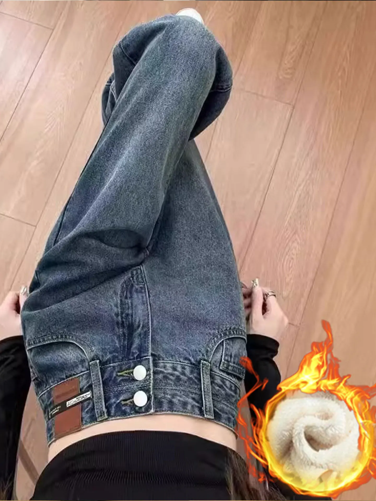 

Ретро джинсы с флисовой подкладкой, широкие, с высокой талией, свободного кроя, больших размеров, прямые, повседневные, из денима, для женщин