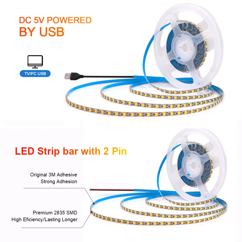 Warm White LED Strip Light, Iluminação de fundo TV, Fita USB, Home Decor Lamp, 2835, 120LEDs por m, DC 5V, 3mm, 5mm, 8mm, 2835