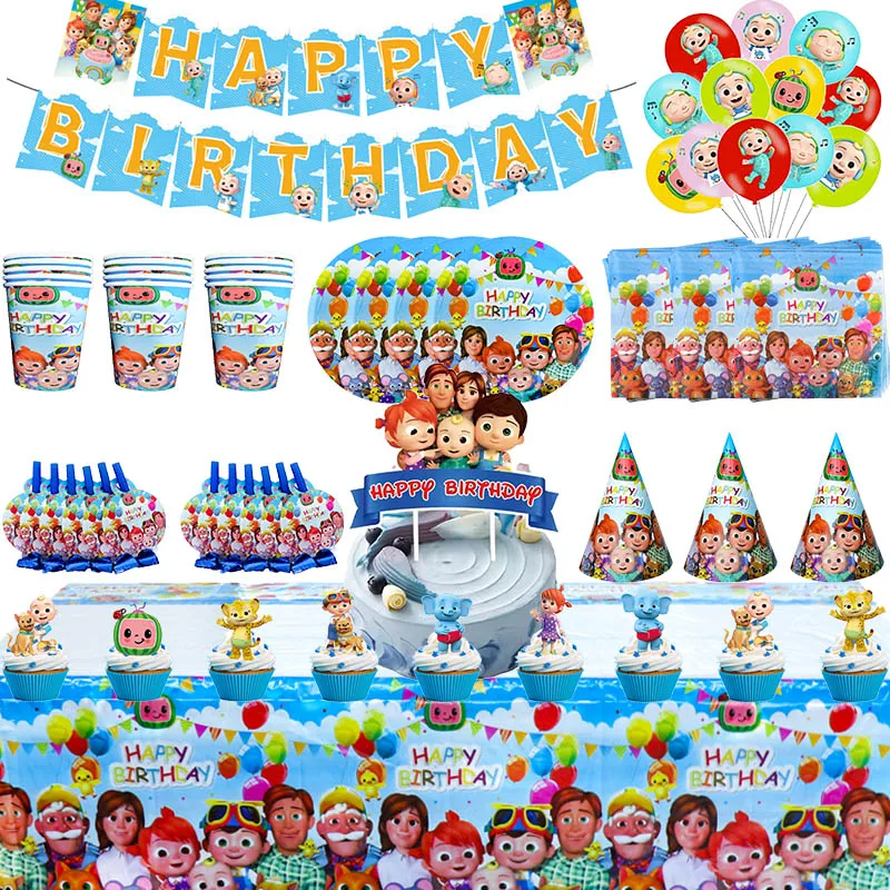 Decoración de Cumpleaños para Niños, Vajilla Desechable Azul Cocomelon, Vasos, Platos, Globos, Artículos para Fiestas de Cumpleaños y Baby Shower