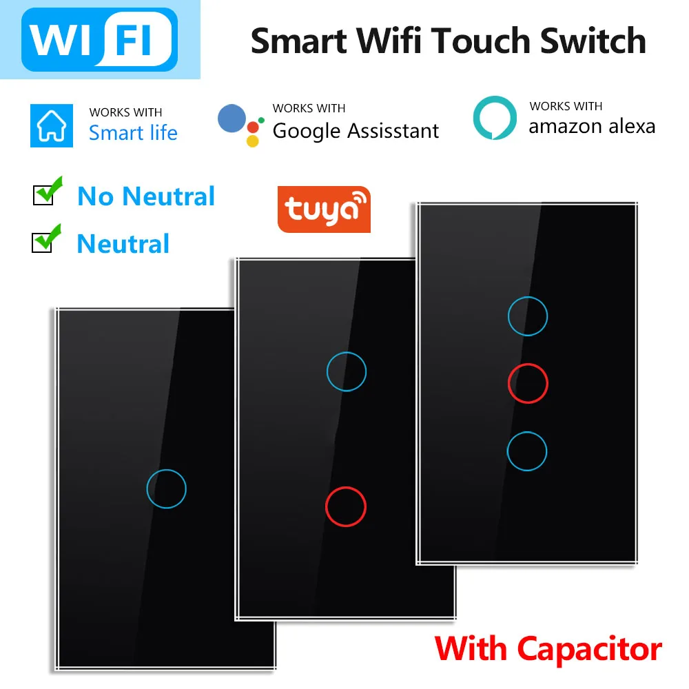 

Wifi Smart Light Switch Tuya Smart Life APP 1/2/3Gang Glass Panel Voice Control with/Without Neutral Universal Alexa Google Home