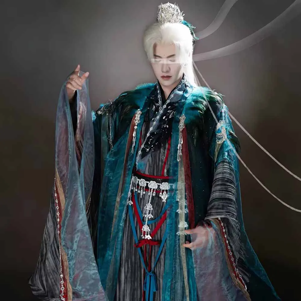Men Luxury Fairy Hanfu Teal Fur Trim Wide Sleeve Robe Ancient Chinese Wuxia Cosplay Costume for Halloween Stage Performance