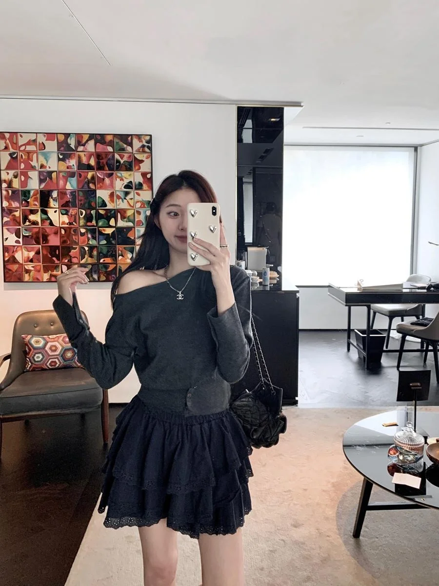 バレエケーキハイウエストショートaラインスカートレディース春秋純綿レースふわふわハーフ丈通勤スタイルスカート