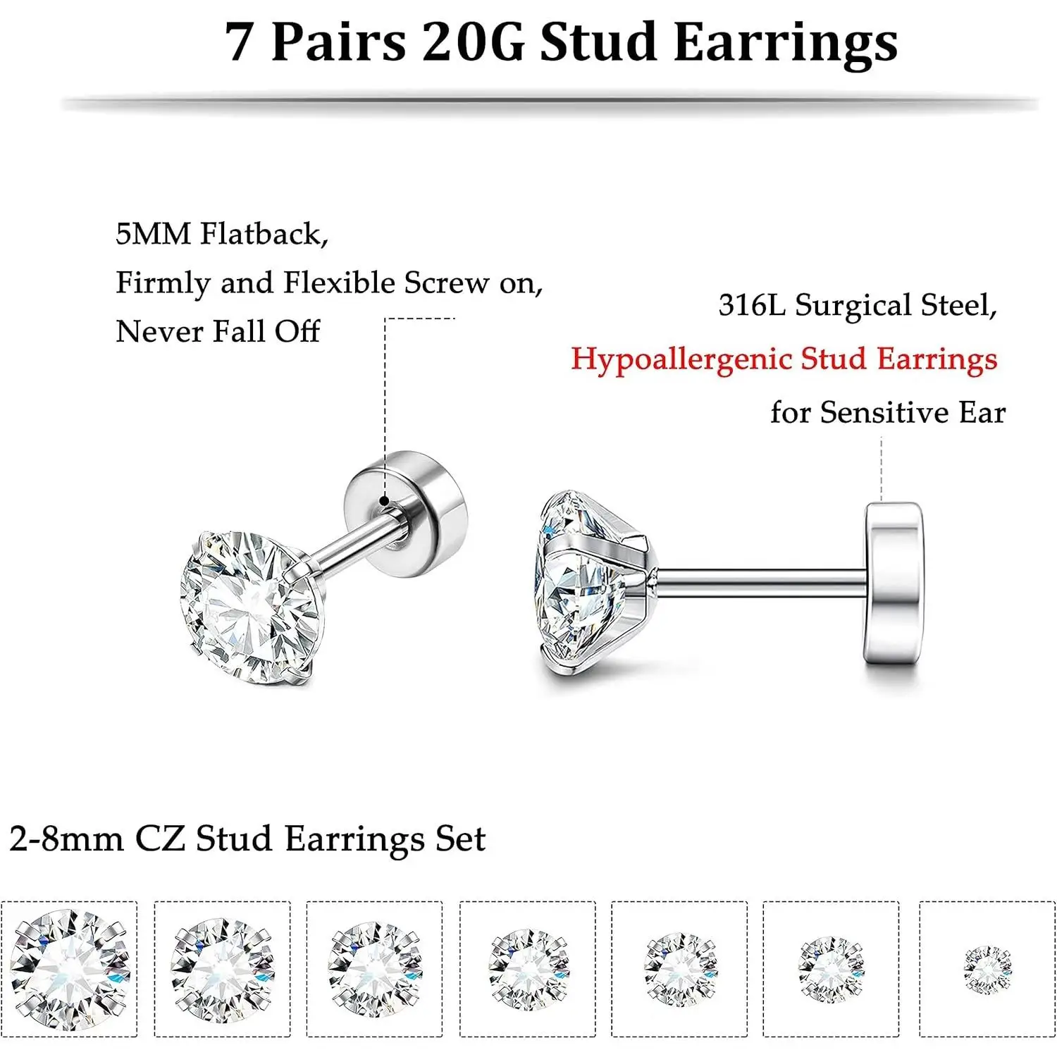 20G Hypoallergenic Flat Back Studs 8