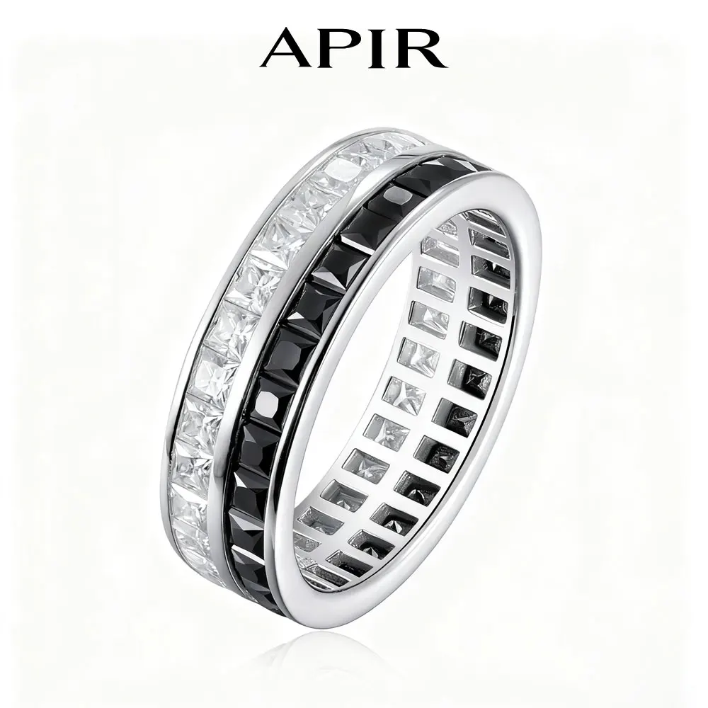 APIR Black Moissanite Diamond Eternal Ring Unisex 925 Sterling Silver Sparkling Ring Band Niche Design Trend Jewelry Customize
