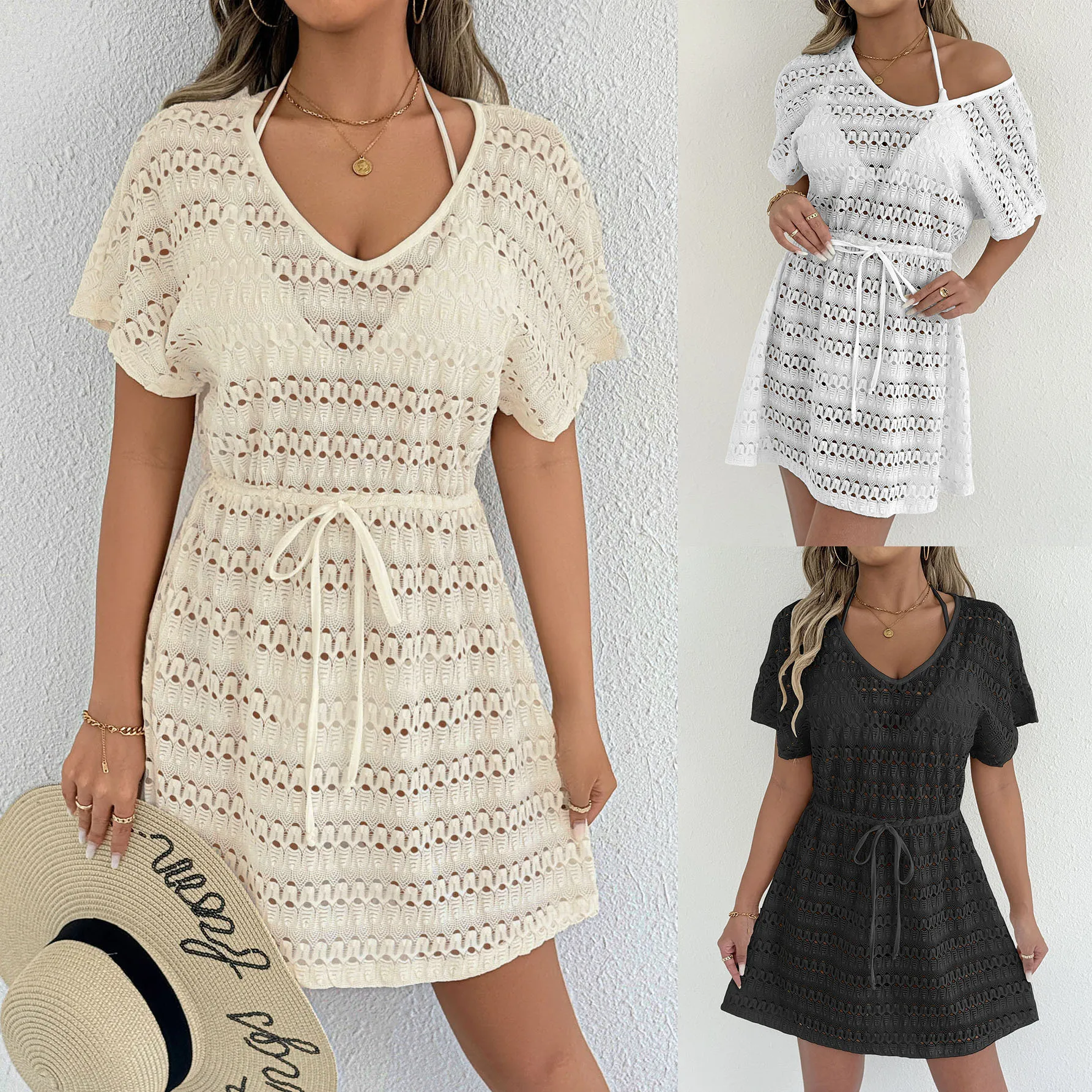 

Women's blouse women's sexy see-through lace skirt vacation beach skirt drawstring waist bow strap dress