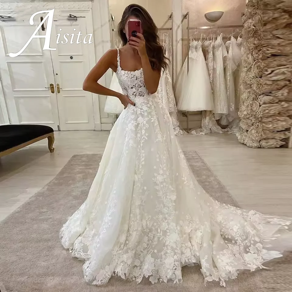 Princess Wedding Dresses Sqare Collar Lace Appliques Beach Bridal Gowns Spaghetti Straps Boho Country Wedding Gown Customized
