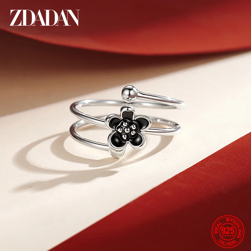 ZDADAN 925 Sterling Silver Black Flower Adjustable Rings For Women Fashion Charm Gift Wedding Jewelry