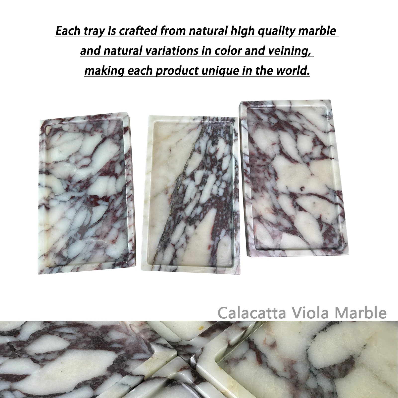 Natural Marble Vanity Tray Genuine Viola Marble Storage Tray for Bathroom/Kitchen/Dresser(Calacatta Viola, 10x6in)