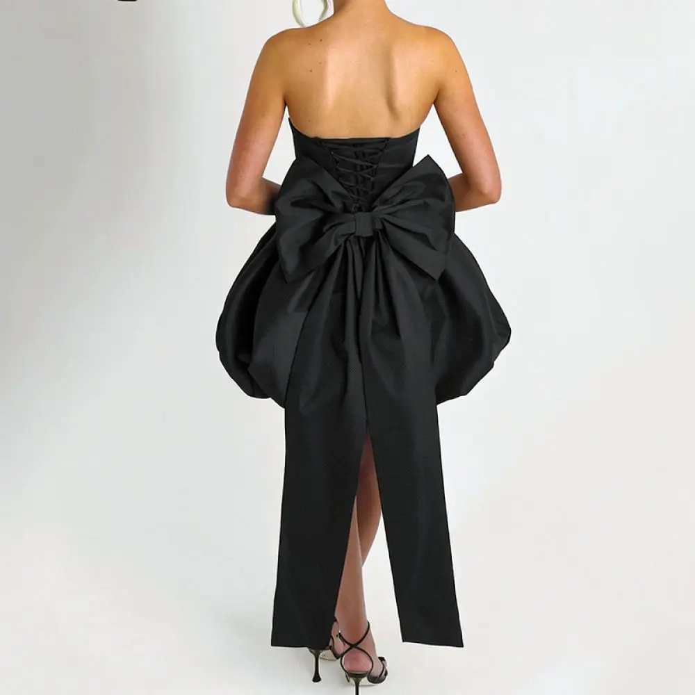 Women Sexy Strapless Mini Dress Bowknot Side Split Lace Up Elegant Evening Party Clubwear Summer Slim Fit Stylish Dress New