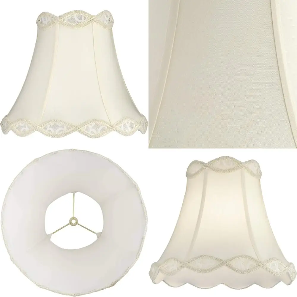 

Большой колокольчик, кремовый зубчатый абажур, верхняя часть x 14 дна x высота 12,5, с паутином, арфом и фиксатором — сменный абажур для