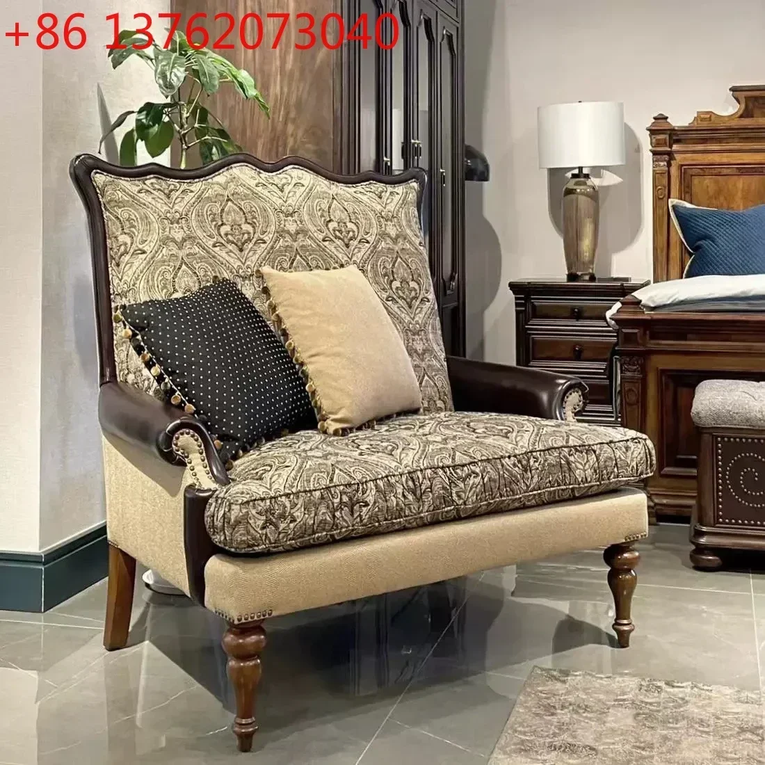 Spot American solid wood leather cloth high back sofa retro living room embroidery cloth chair