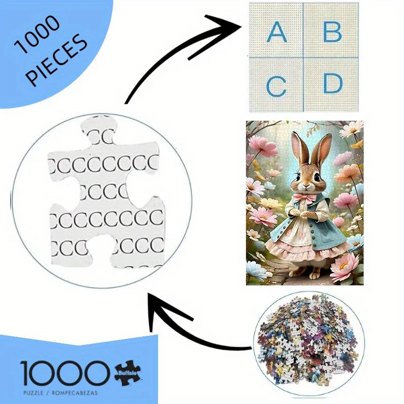 1000 قطعة من أحجية الورق، منشار قطع DIY مع أرنب لطيف في فستان منتفخ، خلفية زهرية، مادة بطاقة بيضاء عالية الجودة، مناسبة f