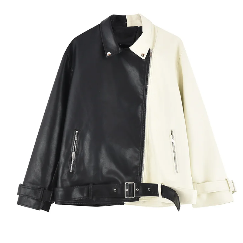 

Black White Spliced Pu Leather Jacket Women Motorcycle Coat Lapel Zipper Winter Clothes Belted Cuffs Chic Baggy Cropped Jacket