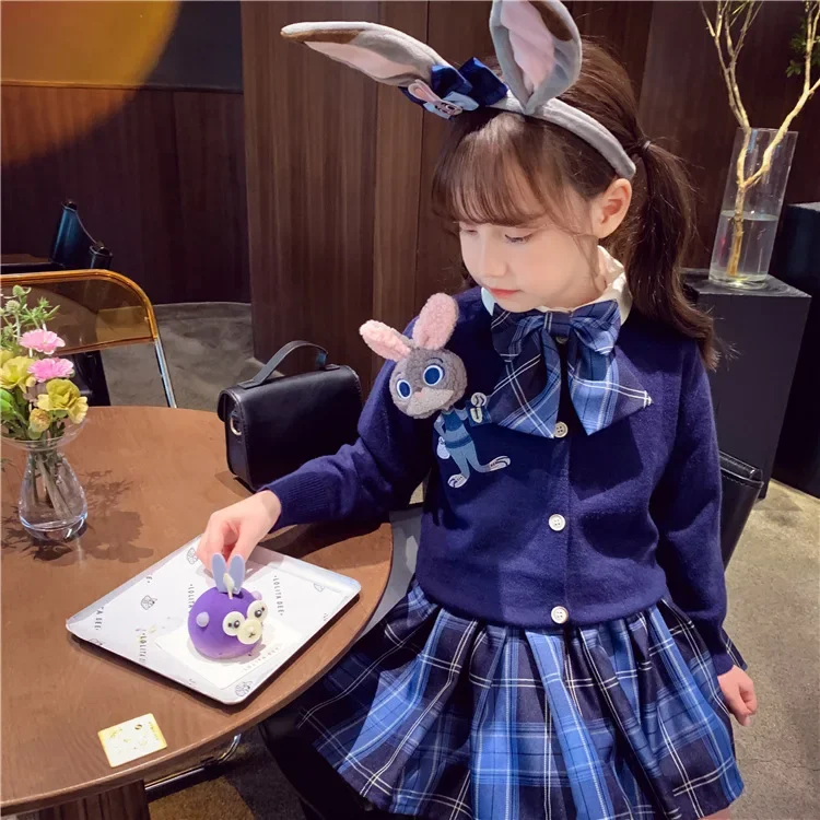 

Disney Autumn Girls Suit Jk Uniform Cartoon Rabbit Police Clothing Kawaii Preppy Style Shirt Pleated Skirt Cardigan Sweater