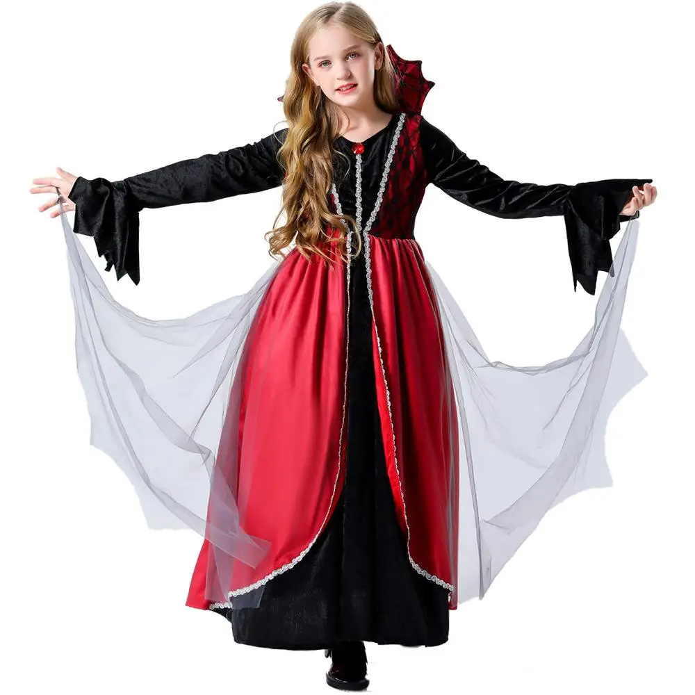 

Children Girls Retro Medieval Drama Stage Flare Sleeves Vampire Dress Gown Kids Halloween Cosplay Costumes Role Play Outfit