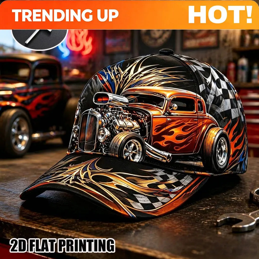 Customization 2pcs Men'S Vintage Hot Rod Racing Car Baseball Cap With Cross Necklace, American Flag Checkered Flag Flame Print