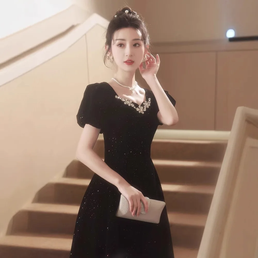 Vestido de noite preto feminino banquete temperamento luz luxo minoria high-end estilo francês exame de arte adulto cerimônia sentido 2025