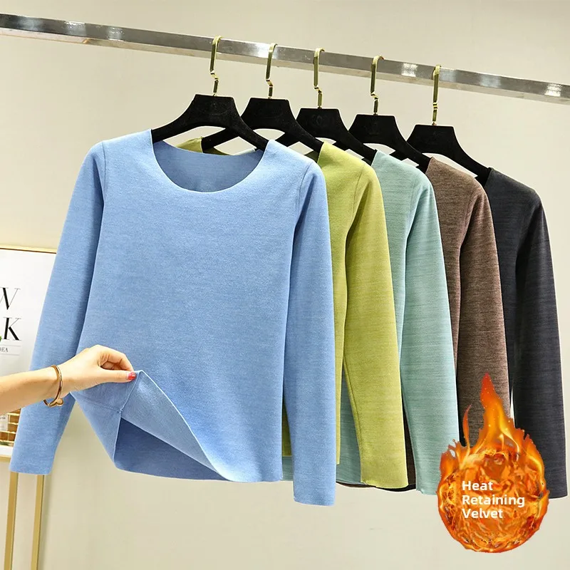 Thickened Fleece round Neck Cotton T-Shirt Women's Autumn Winter Warm Underwear Close-Fit Base Shirt Versatile Commute Style