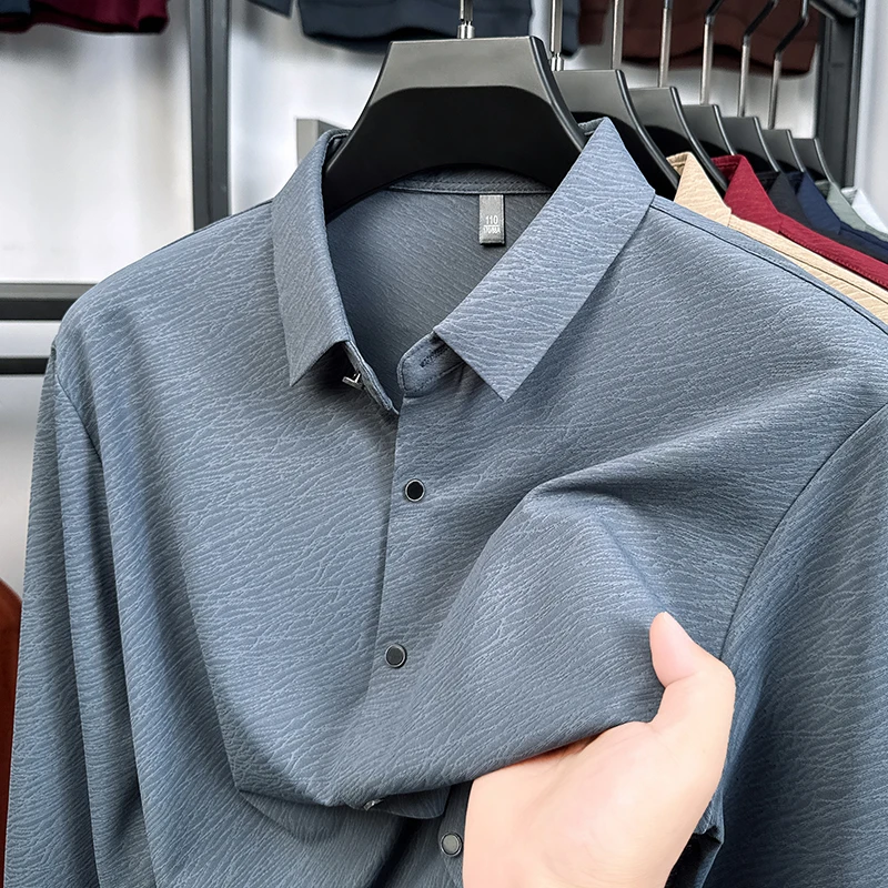 

Роскошная качественная мужская рубашка с длинным рукавом с лацканами, осенняя новая однотонная рубашка с узором коры, модная деловая повседневная офисная мужская одежда