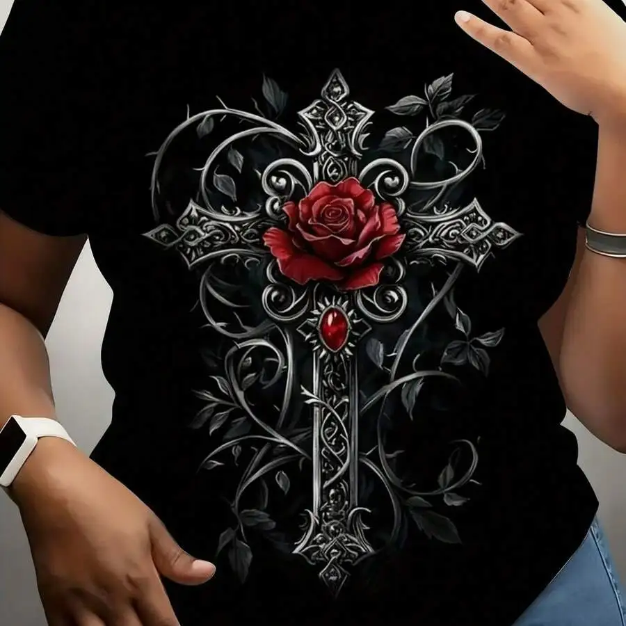 

Womens Digital Printed Short Sleeve T-Shirt Gothic Style Cross And Roses Pattern Casual Round Neck Tee