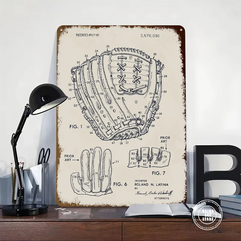 Baseball Glove Patent Illustration Personalized 3D Textured Metal Poster Wall Art Vintage Tin Signs for Bedroom Decorations Home