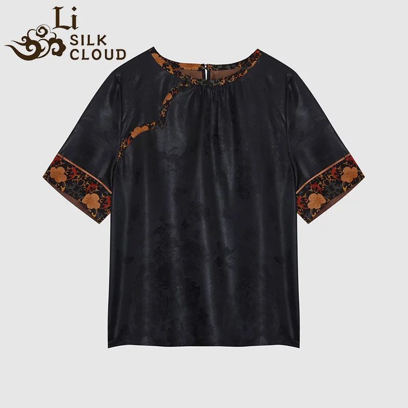 Handmade Women's Black Xiangyunsha Short Sleeve Top - Traditional Silk Fabric,  100% Natural Silk，Classic Chinese Style