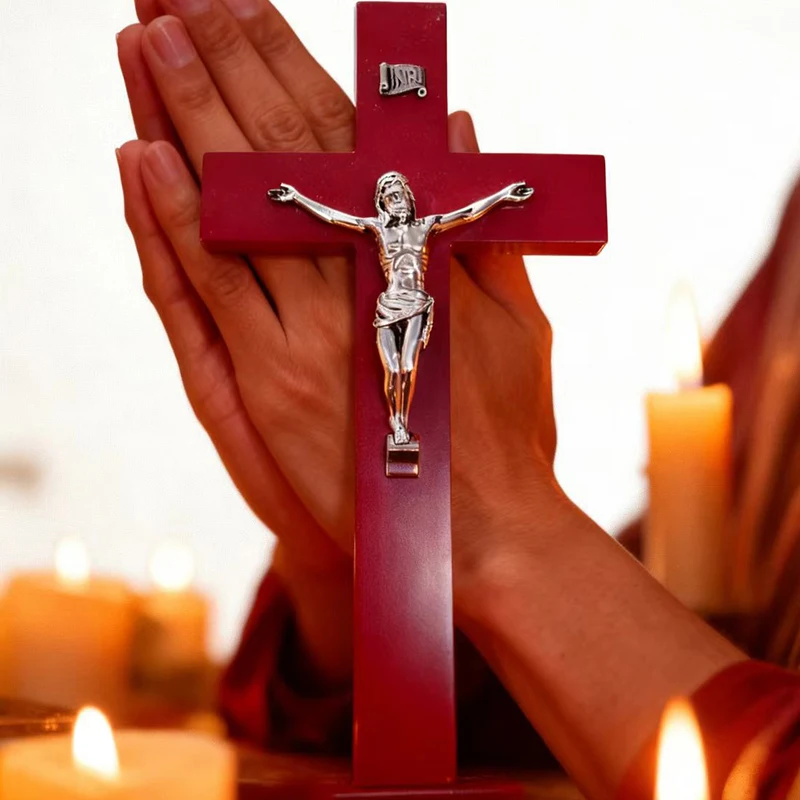 

New 2026With Stand Wood Crucifix Catholic Religious Charm Catholic Jesus Cross Prayer Wooden Vintage Religious Decoration Church