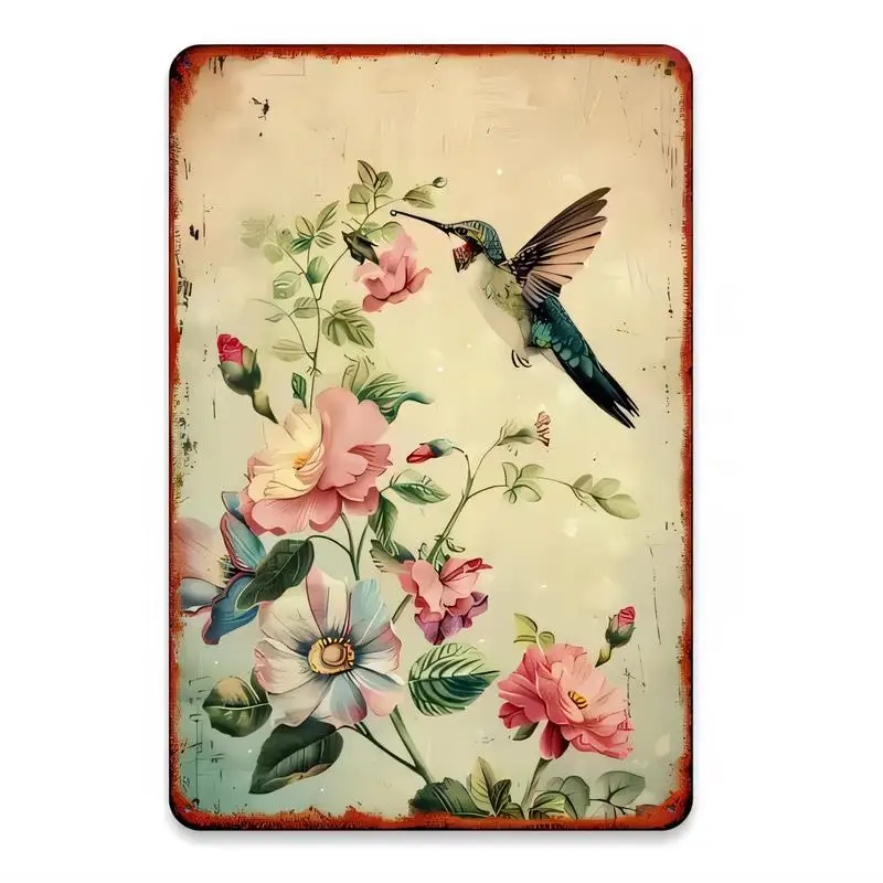 Retro Distressed Metal Tin Sign, Hummingbird & Floral Design - Shabby Chic Wall Art for Home, Kitchen, Bedroom Decor | Iron Mate