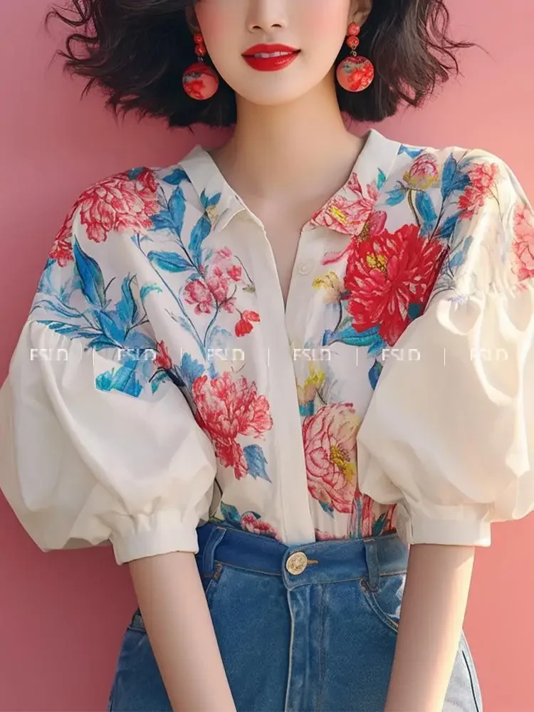 Floral Print Vintage Summer White Puff Sleeve Blusas Tops Chiffon Blouses Women Simple Gradient Short Sleeve Casual Shirts A129