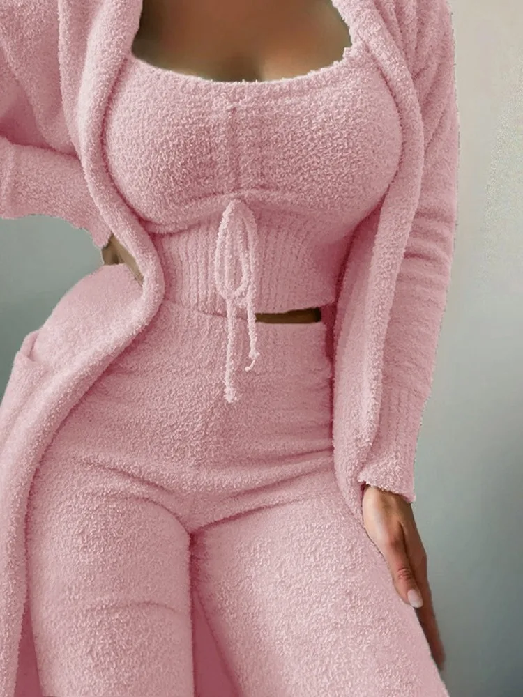 

Женская флисовая одежда для дома Тедди, укороченная майка на тонких бретельках, широкие длинные брюки, нечеткие кимоно, уютный спортивный костюм, комплект женских брюк, костюм