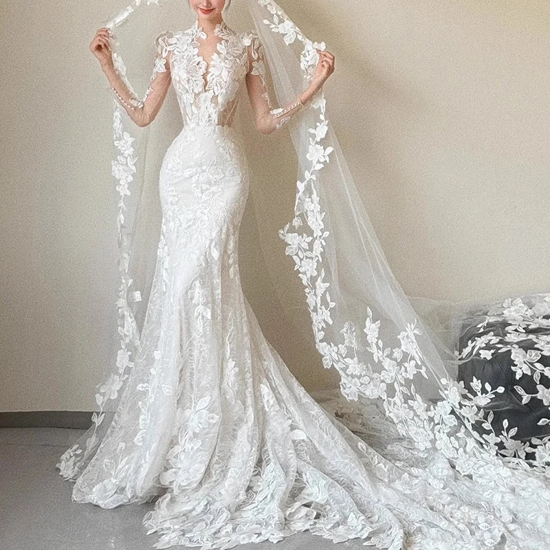 

Romantic Lace Appliques Mermaid Wedding Dress Long Sleeves V-neck Backless Bridal Dresses for Wedding Party Dress Trailing