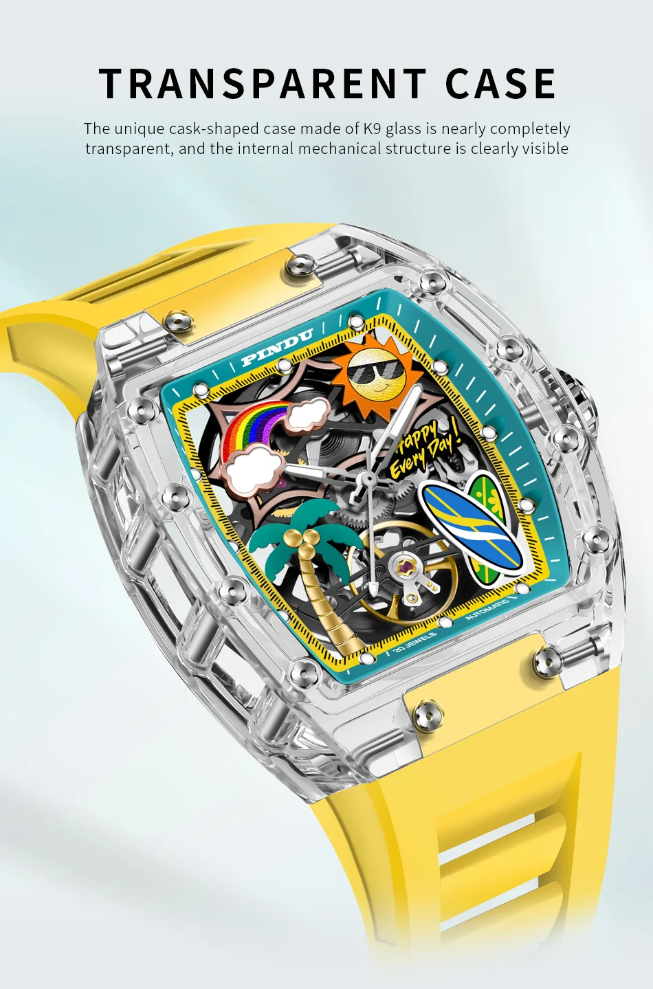 Neue PINDU Uhr mit einzigartigem Zifferblattdesign, mechanische Uhr für Herren, Sommer-Strandmode-Uhr, leuchtend, wasserdicht, mit Harz-Silikonarmband. – Detail 4