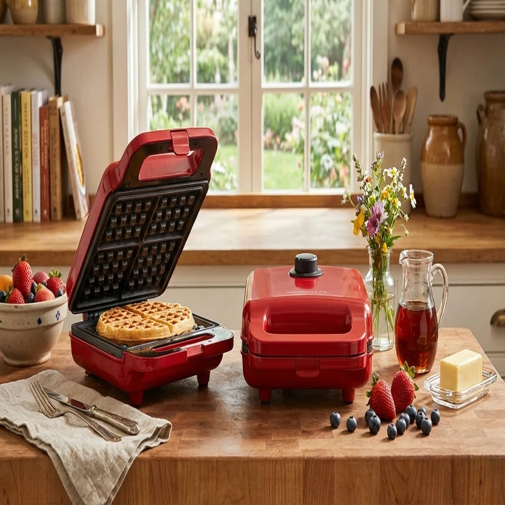 

2-in-1 Mini Heart-Shaped Waffle & Pancake Maker 110V Electric Breakfast Appliance Non-Stick Coating Compact Portable Kitchen Coo