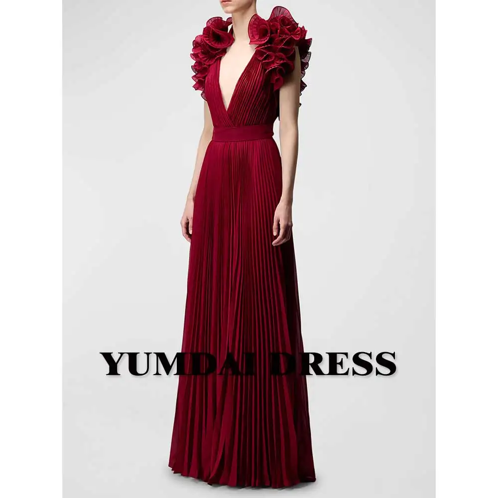 YUMDAI Gorgeous Peplum Sleeveless Chiffon Gown Dubai 2023 Ladies Formal Ball Burgundy Dress Special Occasion Bridal Mom Dress